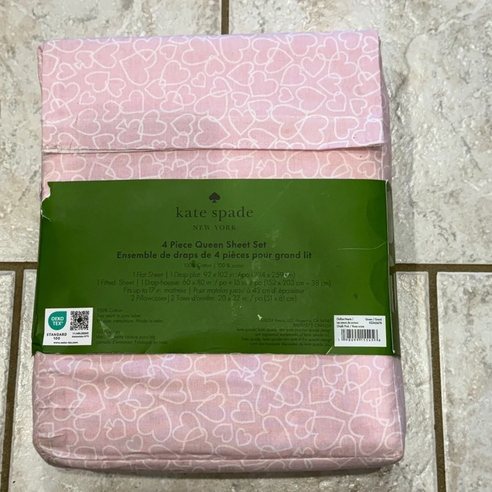 Kate Spade Queen Sheet Set Pink & White Cotton Percale‎ Sweet Valentine